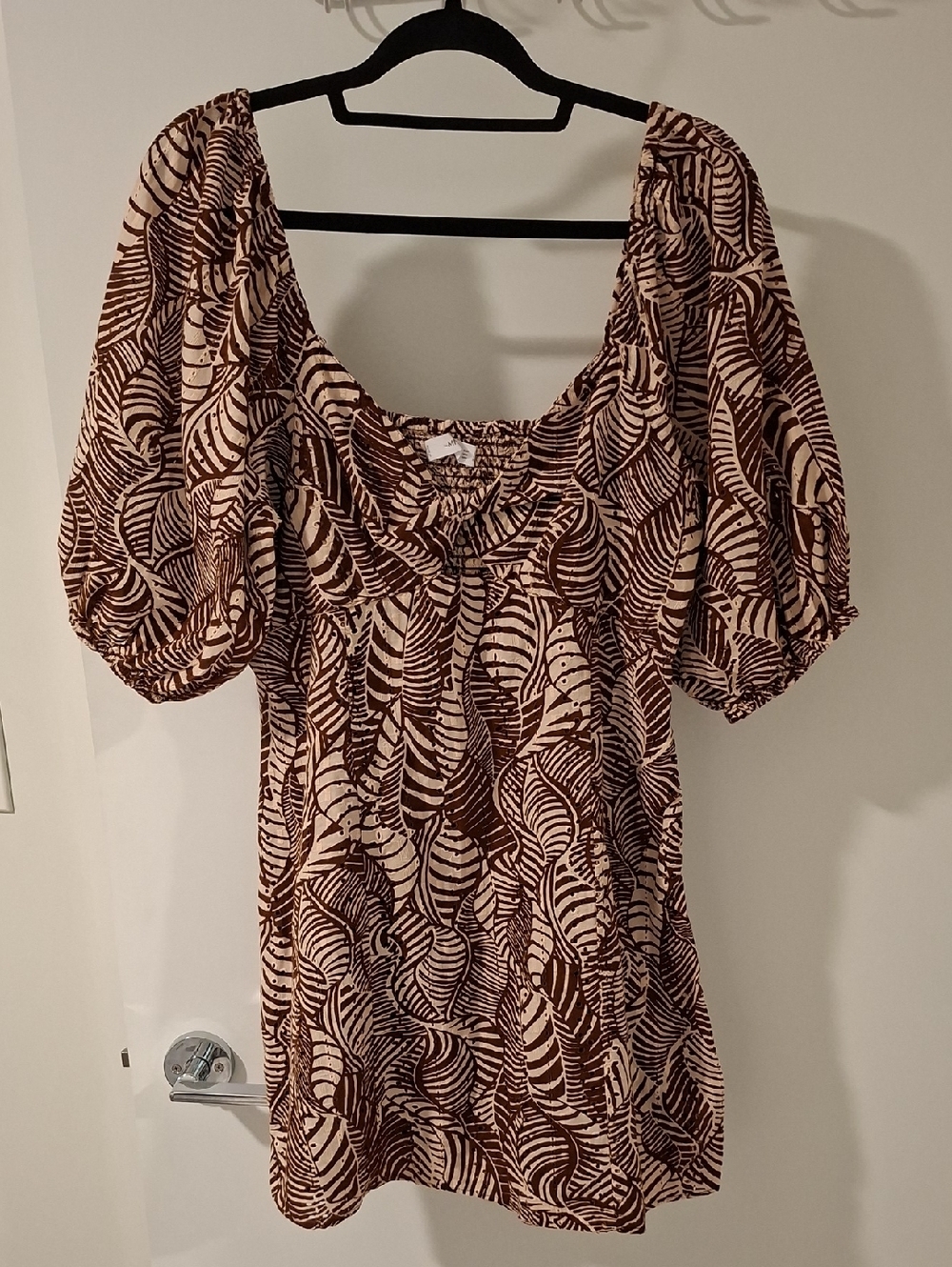 Mango Chocolate Brown Tropical/Floral Cut-out Milkmaid Mini Dress (Size L)